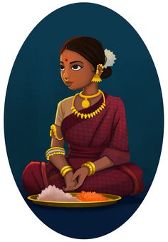 a painting of a woman sitting in front of a plate with rice and carrots on it