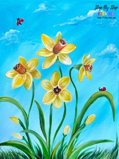 an acrylic painting of yellow daffodils with lady bug on blue sky background