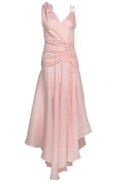 Modern shapes with romantic femininity is on full display in the pink Marea dress. Crafted from a lustrous light-weight linen, this breezy, mid-length dress falls into a high-low asymmetrical hemline creating a sense of movement and glamour. Wear it with a pair of simple backless low-heel for a bold yet sophisticated look or strappy flats for a day look. Simple Linen Dress, Simple Linen, Handkerchief Dress, Strappy Flats, Modern Shapes, Overlay Dress, Handkerchief Hem, Pink Midi Dress, Mid Length Dresses