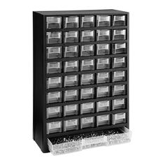 a black storage cabinet filled with lots of plastic bins and screwdriver bits