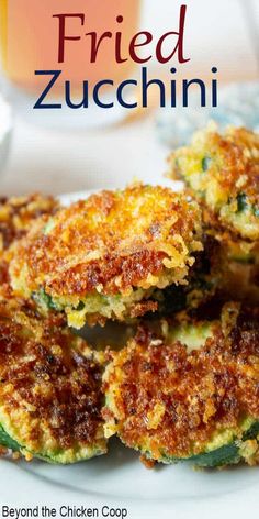 fried zucchini on a white plate with sauce