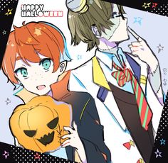 two anime characters are holding pumpkins in front of a black and white background with stars