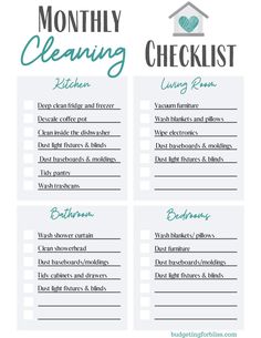 a cleaning checklist with the words clean and written in green, blue, and white