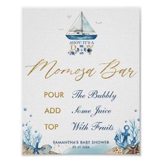 a baby shower sign with an image of a sailboat on the water and corals