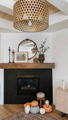 a living room filled with furniture and a fire place under a basket hanging from the ceiling