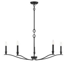 a black chandelier with five candles hanging from the bottom and four lights on each side