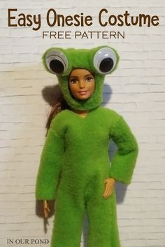 the doll is wearing a frog costume and standing next to a brick wall that says easy onesie costume free pattern