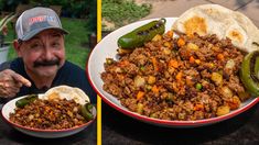 a man with a mustache is holding a bowl of food and pointing at the camera