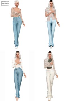 four different poses of the same woman in white and blue jeans, all with tattoos on their arms