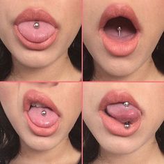 four pictures of a woman's tongue with piercings on it, including the top part of her mouth