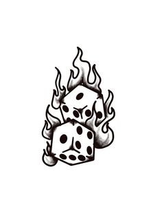 a drawing of two dices with flames coming out of them on a white background