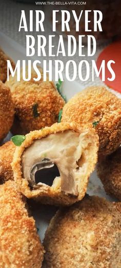 air fryer breaded mushrooms on a plate with the words air fryer breaded mushrooms