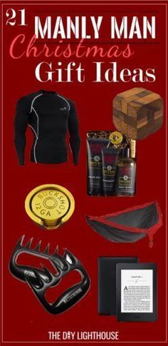 the book cover for manly man christmas gift ideas, with an assortment of men's items