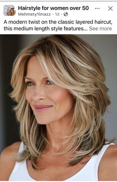 Medium Fine Hair With Layers, Layered Hair For Thick Hair, Mid Length Hair With Layers Middle Part, Mid Hair With Layers, Face Layers Medium Hair, Blonde Hair Older Women, Medium Length Haircuts For Women Over 50, Feather Haircut Long, Shag Haircuts For Women Over 50