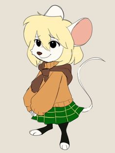 a cartoon mouse wearing a sweater and skirt