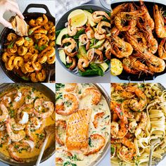 four different types of seafood and pasta in pans, with one being pulled up to the side