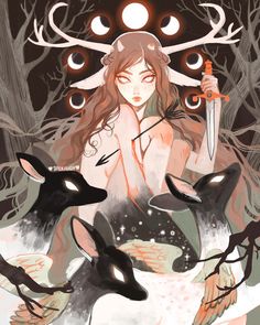 a woman holding a knife and surrounded by deer