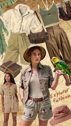 a collage of women in safari clothes and hats with birds on their shoulders