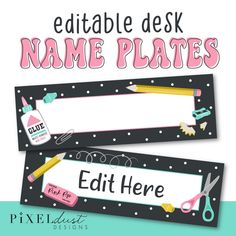 editable desk name plates with scissors, pencils and other office supplies on them