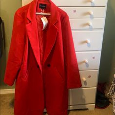 Beautiful Long Extra Extra Large Red Jacket Would Be Great In Anyone’s Closet. A Nice Red Jacket Great Fashion Statement Red Single-breasted Outerwear For Winter, Red Outerwear With Lapel Collar For Fall, Red Lapel Collar Outerwear For Fall, Trendy Red Outerwear For Work, Red Winter Workwear Outerwear, Red Long Sleeve Blazer For Winter, Casual Red Blazer For Winter, Red Lapel Collar Outerwear For Winter, Red Long Pea Coat For Spring