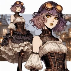 two women dressed in steampunk clothing, one with purple hair and the other with brown eyes