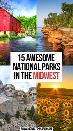 the national parks in the midwest with sunflowers and red barns, trees and water