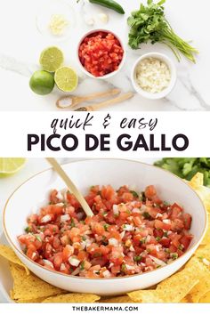 the recipe for guacamole and easy pico de gallo is shown here