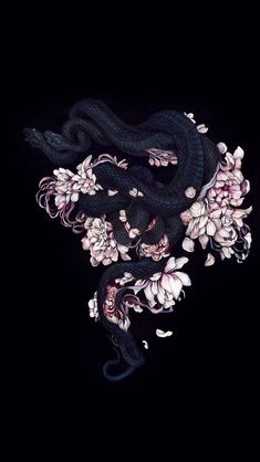 a snake and flowers on a black background