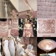 a collage of pink and gold items including perfumes, dresses, shoes, and accessories