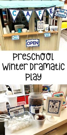 an outdoor winter dramatic play area with ice cream and doughnuts on the table