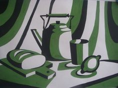 a painting of green and black items on a white background