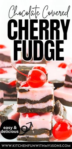 chocolate covered cherry fudge dessert with cherries on top