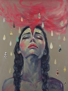 a painting of a woman with her eyes closed and head in the air, surrounded by rain drops