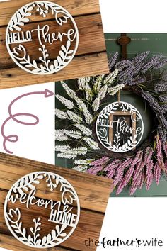 three different pictures of wreaths with the words hello, love and home on them