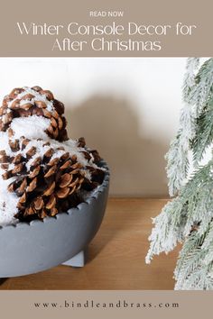 a pine cone sitting on top of a table next to a christmas tree with the words winter console decor for after christmas