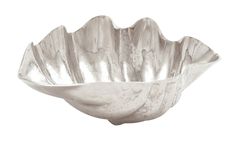 a silver bowl with wavy lines on the rim and bottom, sitting in front of a white background