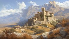 a painting of an old castle in the mountains