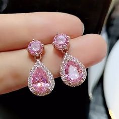 Pink Colorful Waterdrop Earrings Zicon Double Pear Crystal With Silver Pink Teardrop Crystal Earrings, Silver Teardrop Earrings For Party, Silver Drop Teardrop Earrings For Party, Spike Hoop Earrings, Tropical Earrings, Pineapple Earrings, Halloween Bracelet, Pink Pearls, Kids Accessories Jewelry