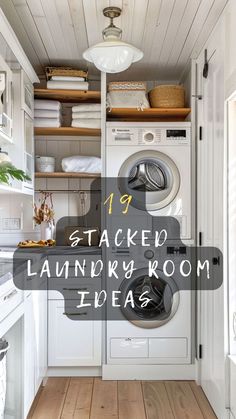 a washer and dryer in a small room with the words stacked laundryroom ideas