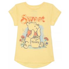 Disney Little Girls Sweet Pooh Short Sleeve T-Shirt Size: 4 Color: Yellow Msrp $16 Winnie The Pooh Character, Disney Yellow, Disney Toddler, Disneyland Shirts, Minnie Mouse Girl, Pastel Stripes, Girls Sweet, The Cartoon