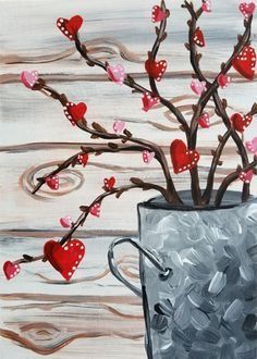 a painting of flowers in a vase with hearts