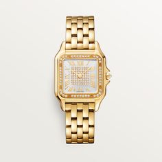 Cartier - Panthère de Cartier watch - Watch Gold/Gold - Panthère de Cartier watch, medium model, quartz movement. 18K yellow gold (750/1000) case set with 44 brilliant-cut diamonds totaling 0.28 carats. Dimensions: 36.5 mm x 26.7 mm, thickness: 6.8 mm. 18K yellow gold (750/1000) octagonal crown set with a brilliant-cut diamond totaling 0.02 carats. Silvered sunray-brushed dial set with 60 brilliant-cut diamonds totaling 0.22 carats, golden-finish sword-shaped hands. 18K yellow gold (750/1000) bracelet. Water-resistant up to 3 bar (approx. 30 meters/100 feet). Cartier Wedding Rings, Cartier Panthere, Cartier Watch, Forever Jewelry, Gold Case, Watch Collection, Brilliant Cut Diamond, Quartz Movement, Gold Watch