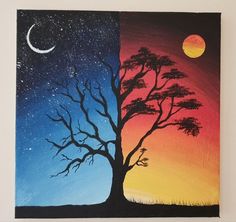 the painting is done with acrylic paint and has a tree in front of it