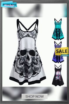 New Women's Halloween Print Sleeveless Dress Punk Style Skull Print Summer Dress, Punk Sleeveless Dress For Costume Party, Sleeveless Gothic Cosplay Dress, Gothic Sleeveless Dress For Cosplay, Gothic Sleeveless Cosplay Dress, Punk Style Sleeveless Dress For Costume Party, Sleeveless Gothic Halloween Dress, Gothic Sleeveless Halloween Dress, White Sleeveless Gothic Dress