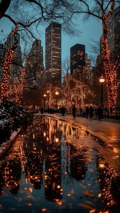 the city is lit up with christmas lights and reflecting in the water at night time