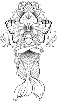 a drawing of a mermaid with long hair and flowers on her head, in black and white