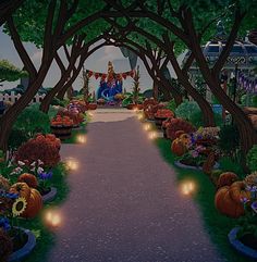 an animated image of a garden with lots of pumpkins