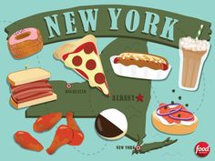 an illustrated map of new york with different foods