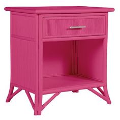 a pink nightstand table with two drawers on one side and an open drawer on the other