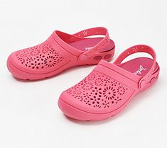 These cute clogs are ready for the season with floral cutout details and extra cushioning for those walks around the neighborhood. From Zodiac. Spring Beach Clogs With Slip-resistant Design, Spring Beach Clogs With Slip-resistant Soles, Spring Slip-resistant Slip-on Clogs, Spring Slip-on Slip-resistant Clogs, Summer Slip-resistant Clogs, Slip-resistant Round Toe Clogs For Spring, Pink Clogs With Cushioned Footbed For Spring, Comfortable Non-slip Clogs For Spring, The Neighborhood